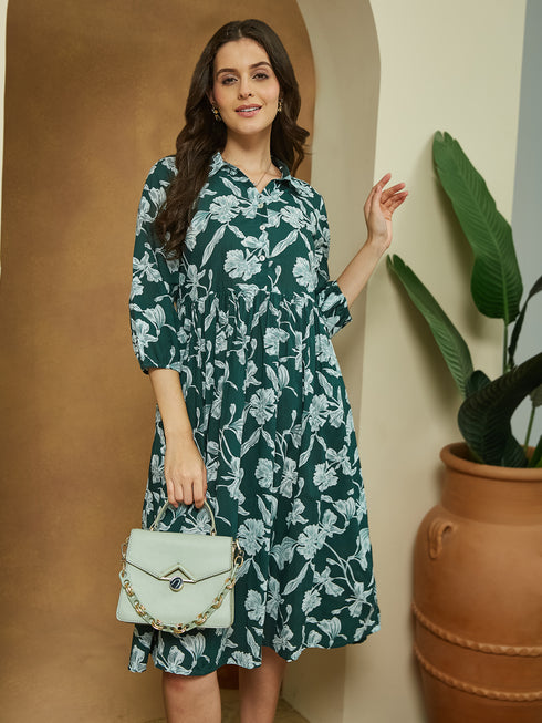 Janasya Women's Green Pure Cotton Floral Printed Fit & Flare Dress
